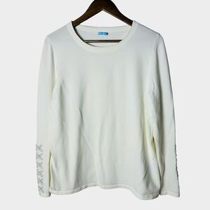 J. McLaughlin Ivory Long Sleeve Knit Top With Criss Cross Sleeve Detail XL